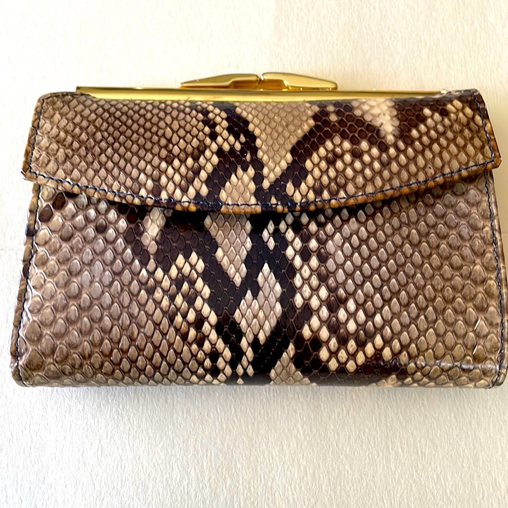 Bosca Genuine Python Snakeskin Wallet 5.5”W 4”H measurements are approximate